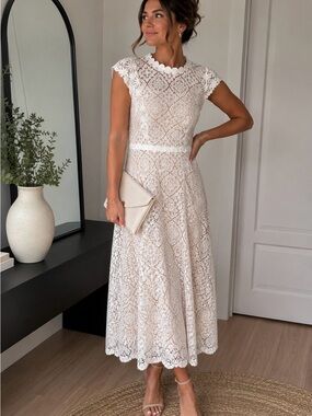 Addition Elle Cream Lace Maxi Dress with Scalloped Neckline